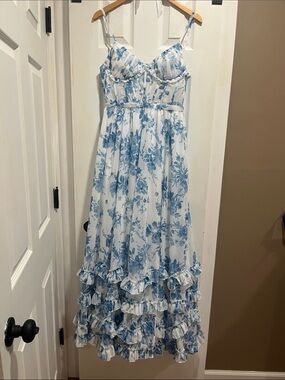Blue Floral Ruffle Maxi Dress - Elegant Formal Wear BRAND NEW